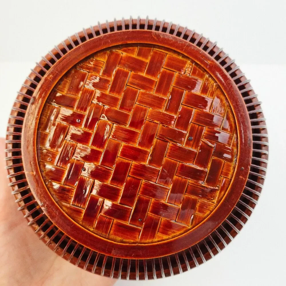 Vintage Japanese Handwoven Bamboo Lacquered Wagashi Basket w/ Lid Cricket Cage